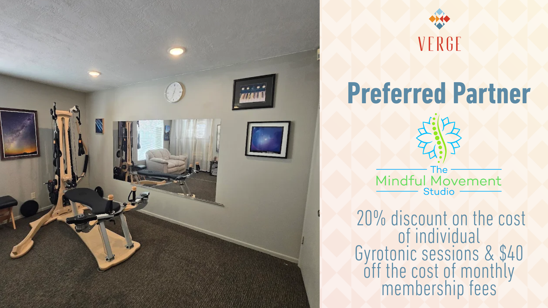 A fitness room with exercise equipment and a wall mirror, promoting discounts at The Mindful Movement Studio.