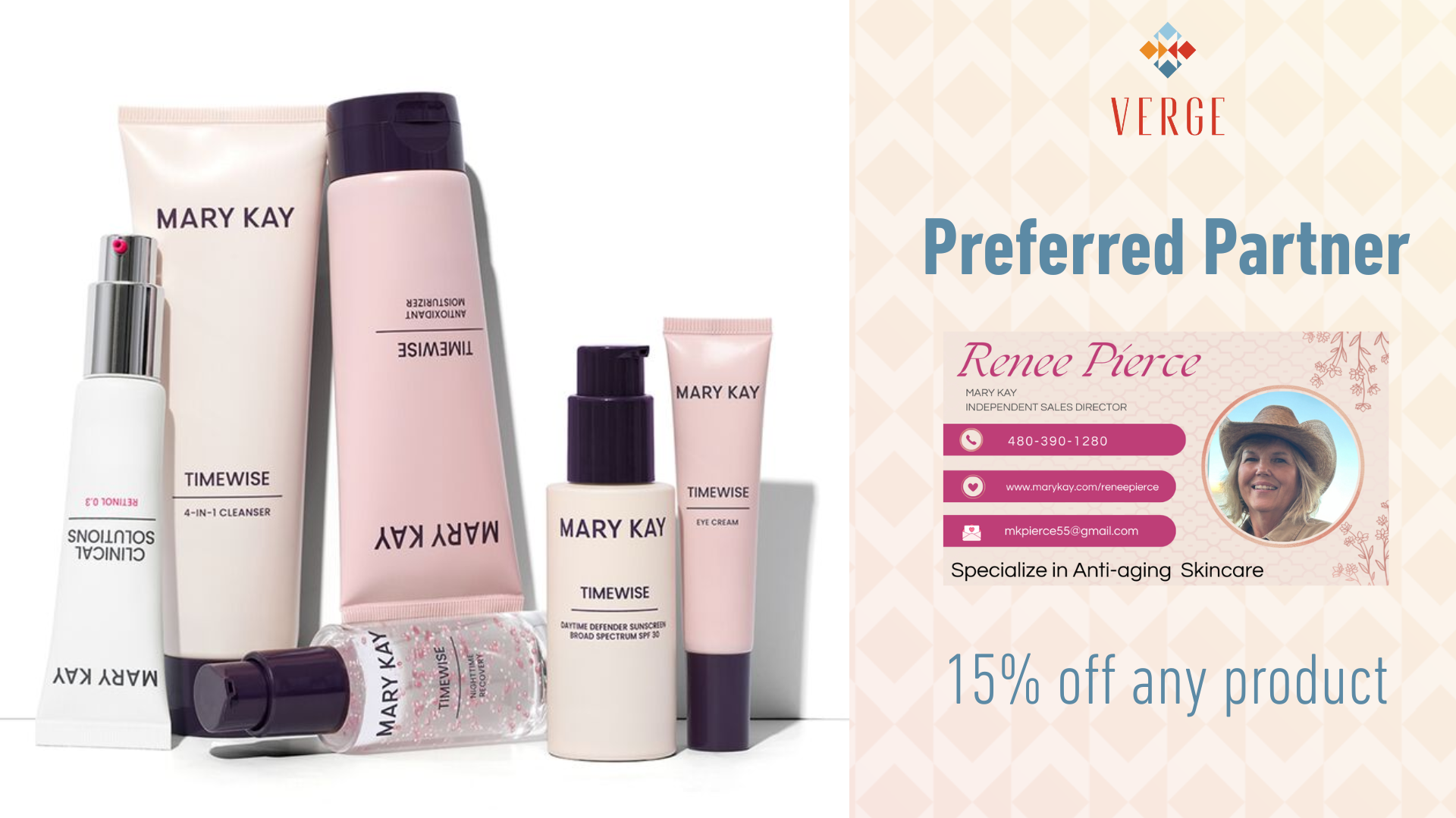 Mary Kay skincare products next to a business card offering 15% off for anti-aging skincare with Renee Pierce.