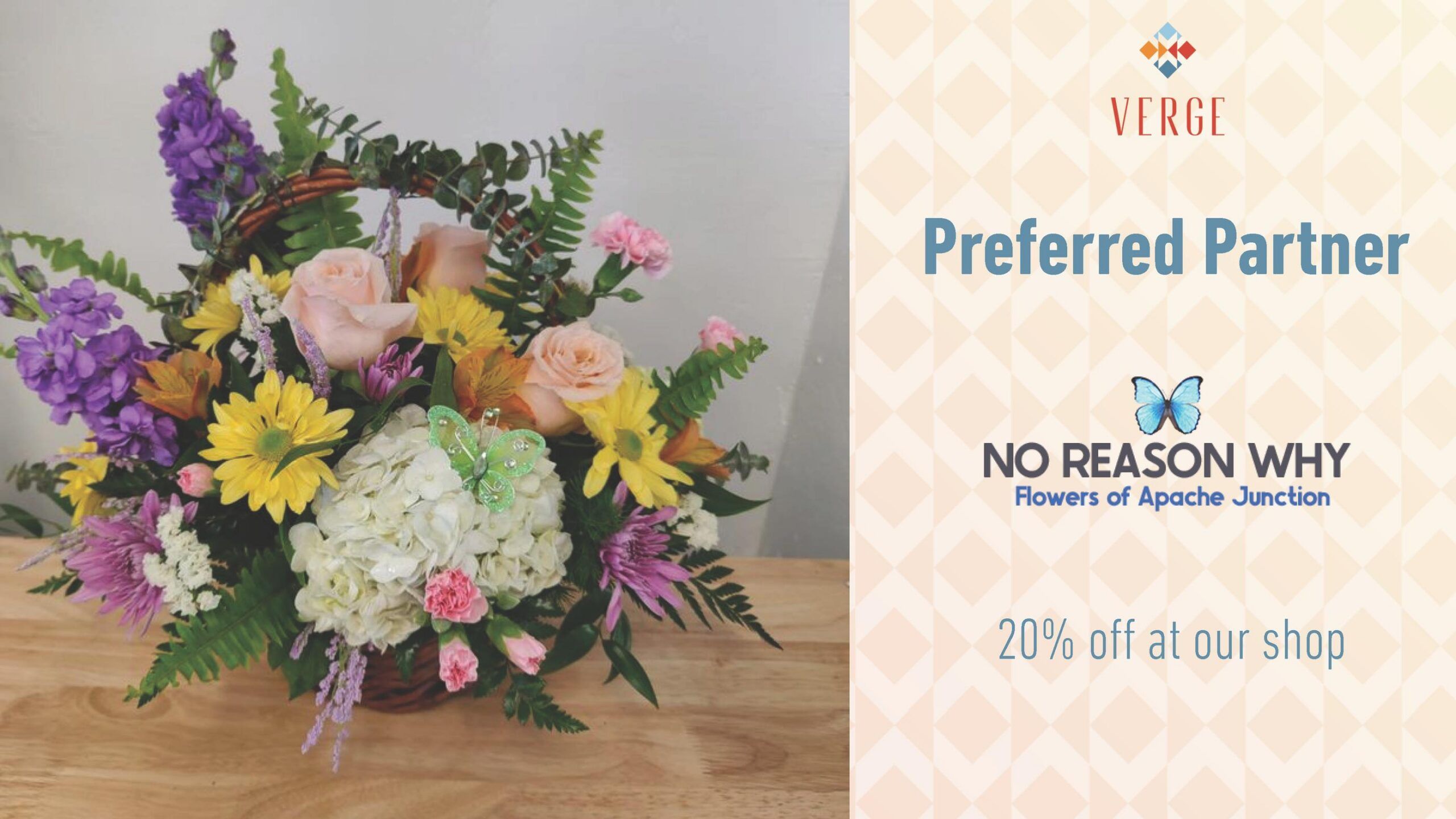 A colorful flower arrangement beside a sign offering 20% off at "NO REASON WHY" flower shop.