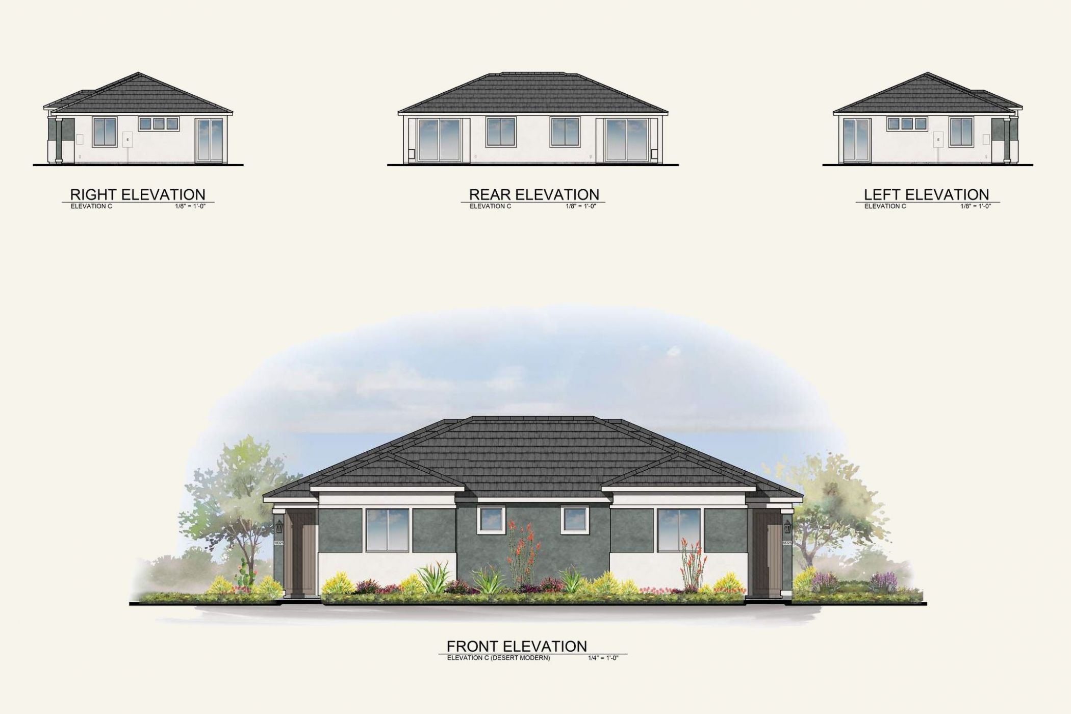 Architectural drawings of a single-story house, showing front, rear, left, and right elevations.