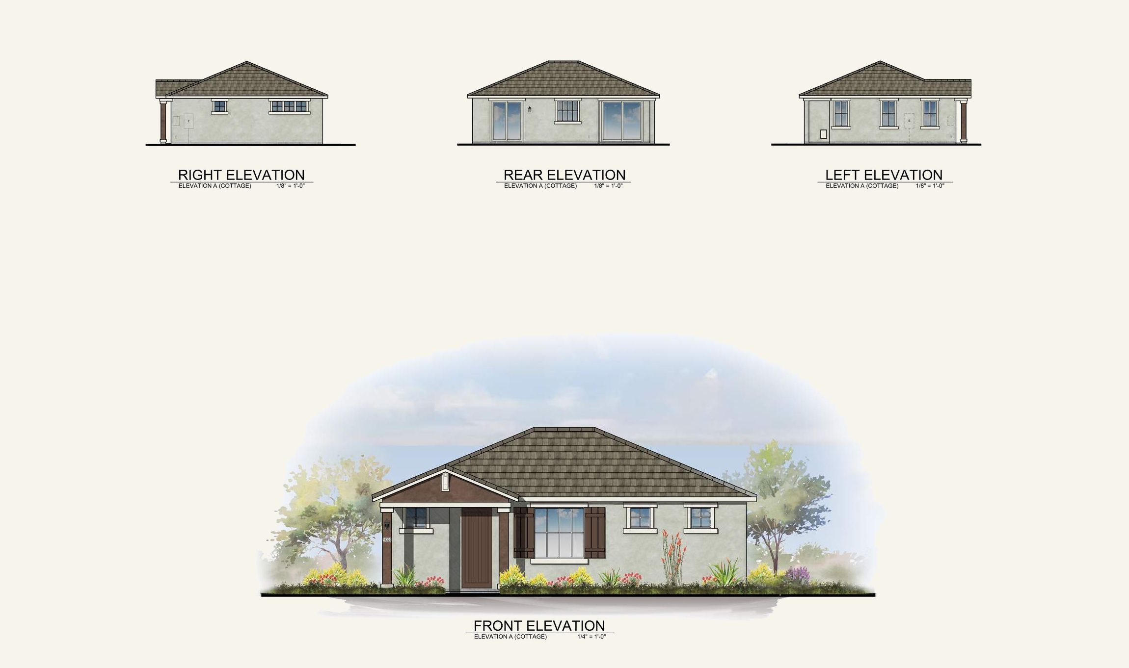 Architectural elevations of a single-story house, showing front, rear, right, and left views with landscaping.