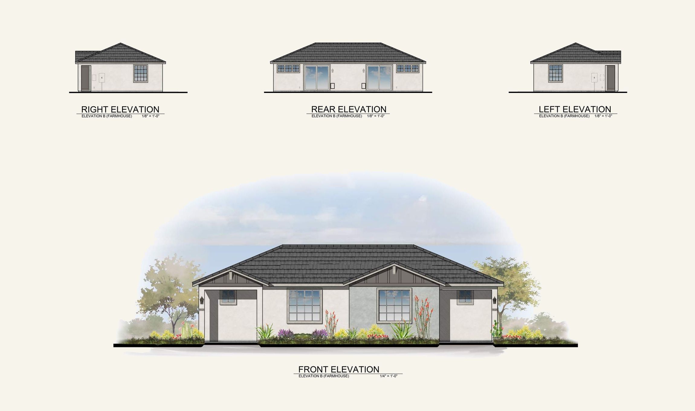 Architectural drawing showing front, rear, right, and left elevations of a single-story house with landscaping.