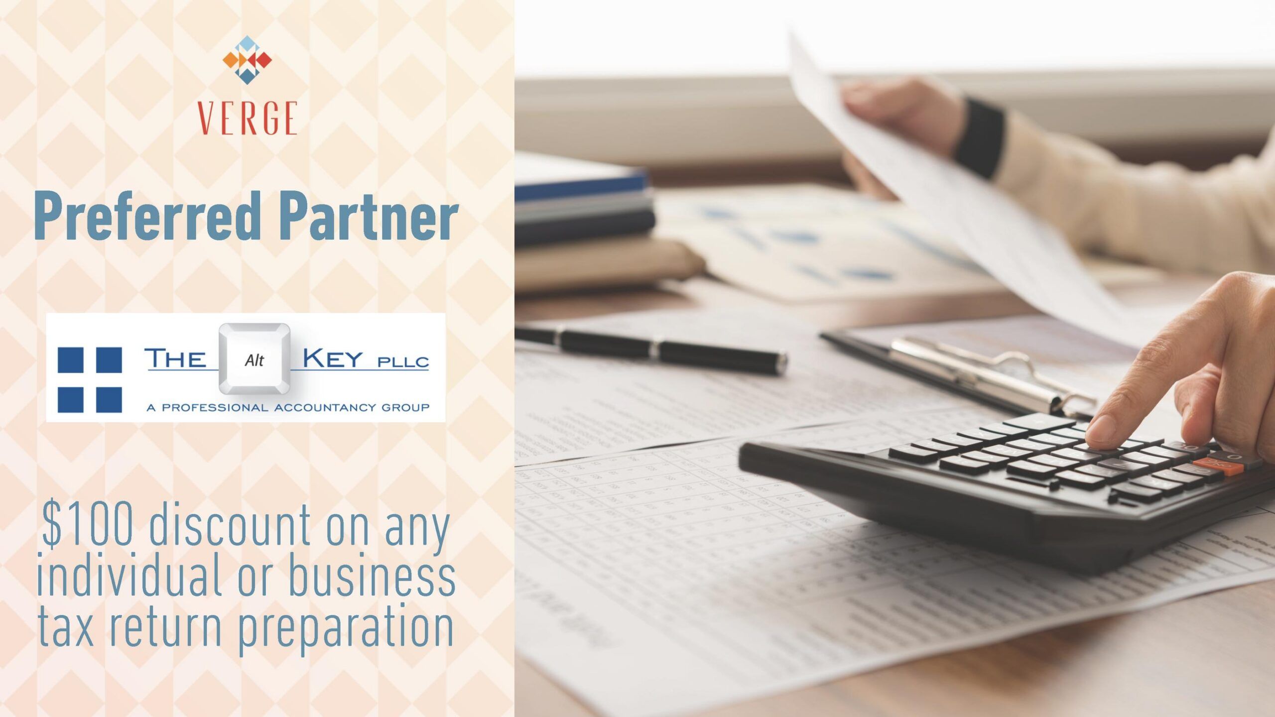 A hand uses a calculator on tax documents; ad offers $100 off tax return prep from The Alt Key PLLC, Verge partner.