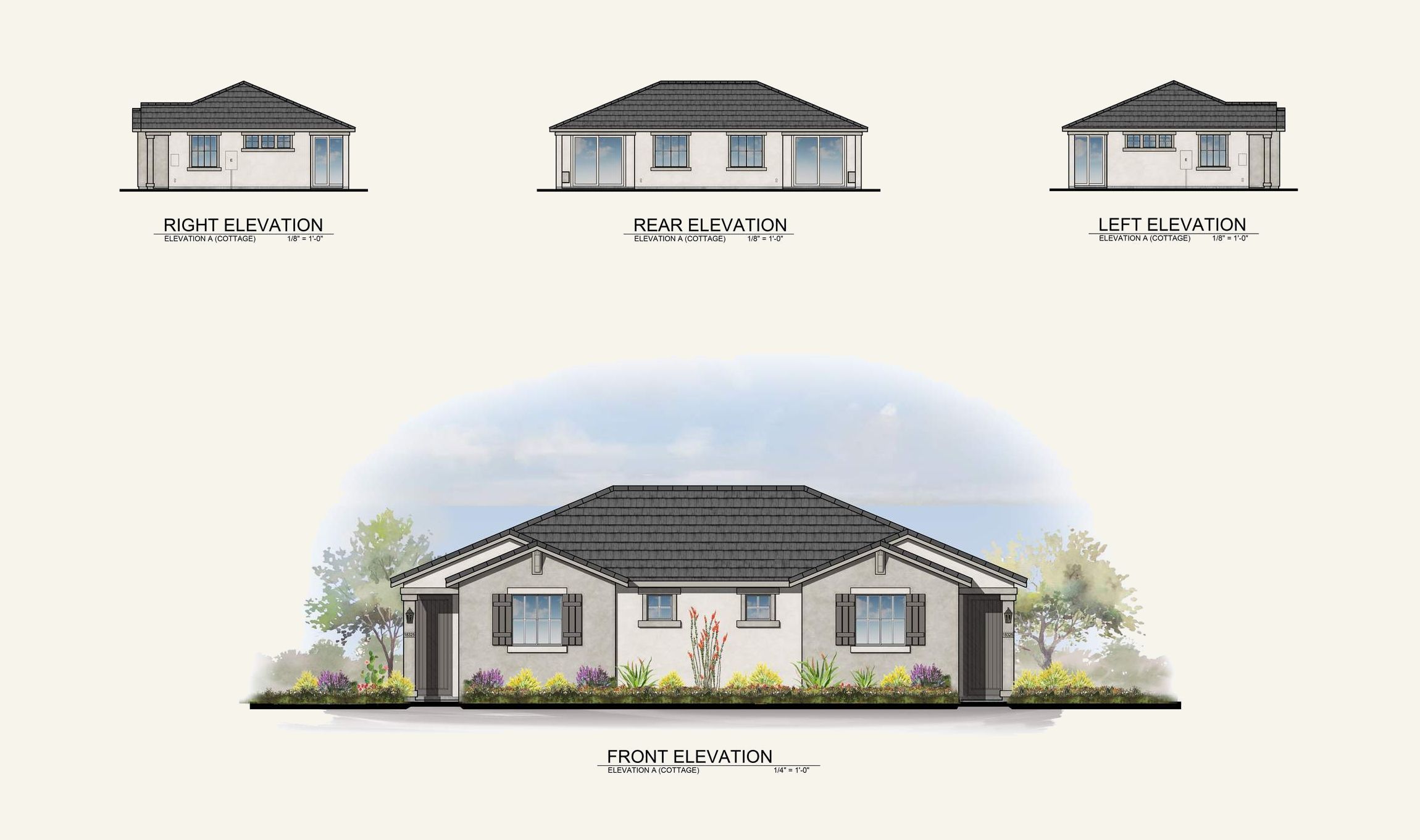 Architectural drawings show front, rear, left, and right exterior elevations of a single-story house with landscaping.
