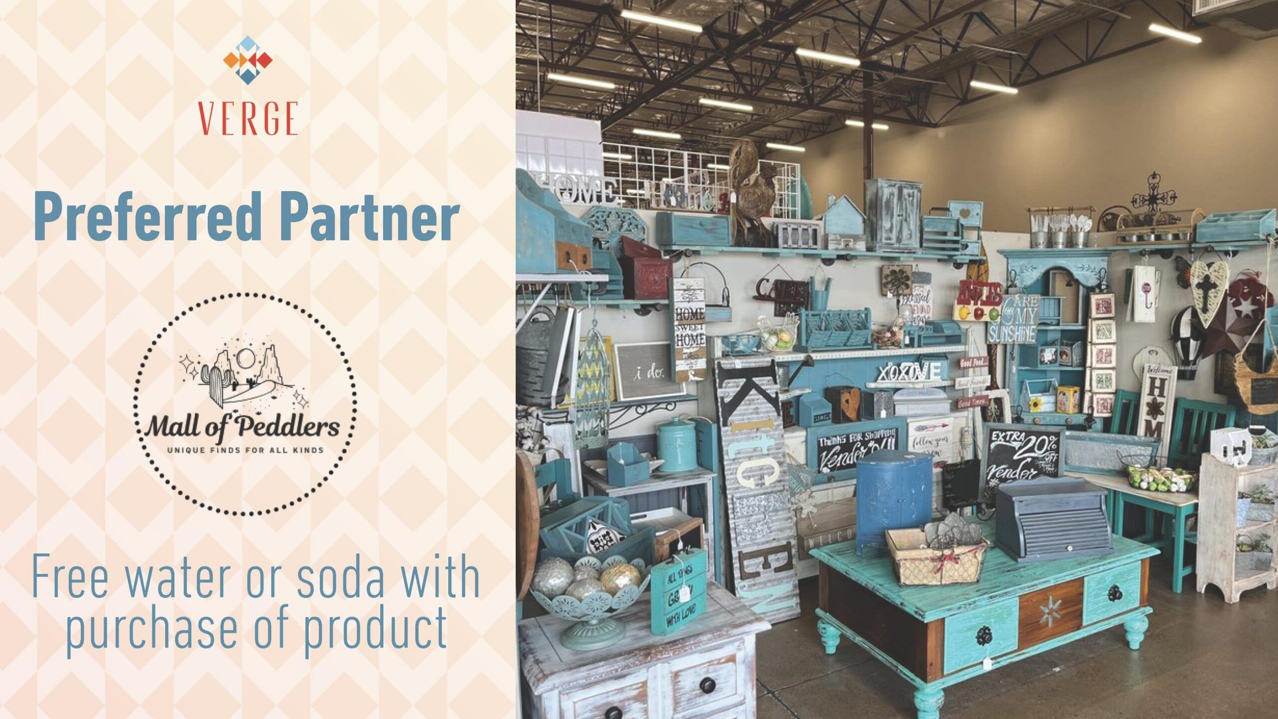 Display of vintage and rustic home decor at Mall of Peddlers; promo offers free drink with purchase.