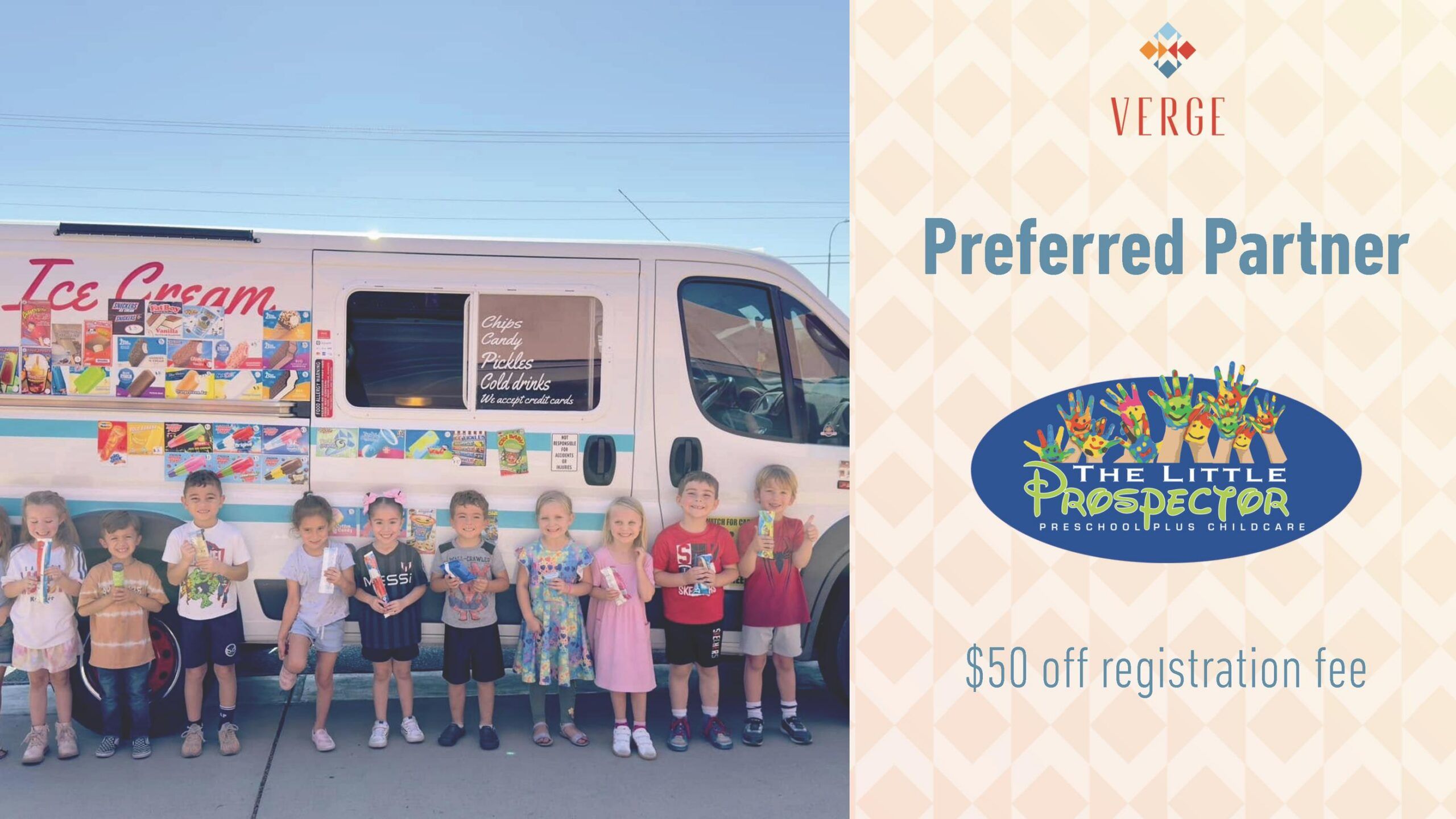 Children holding ice cream stand in front of an ice cream truck next to a promo for The Little Prospector preschool.