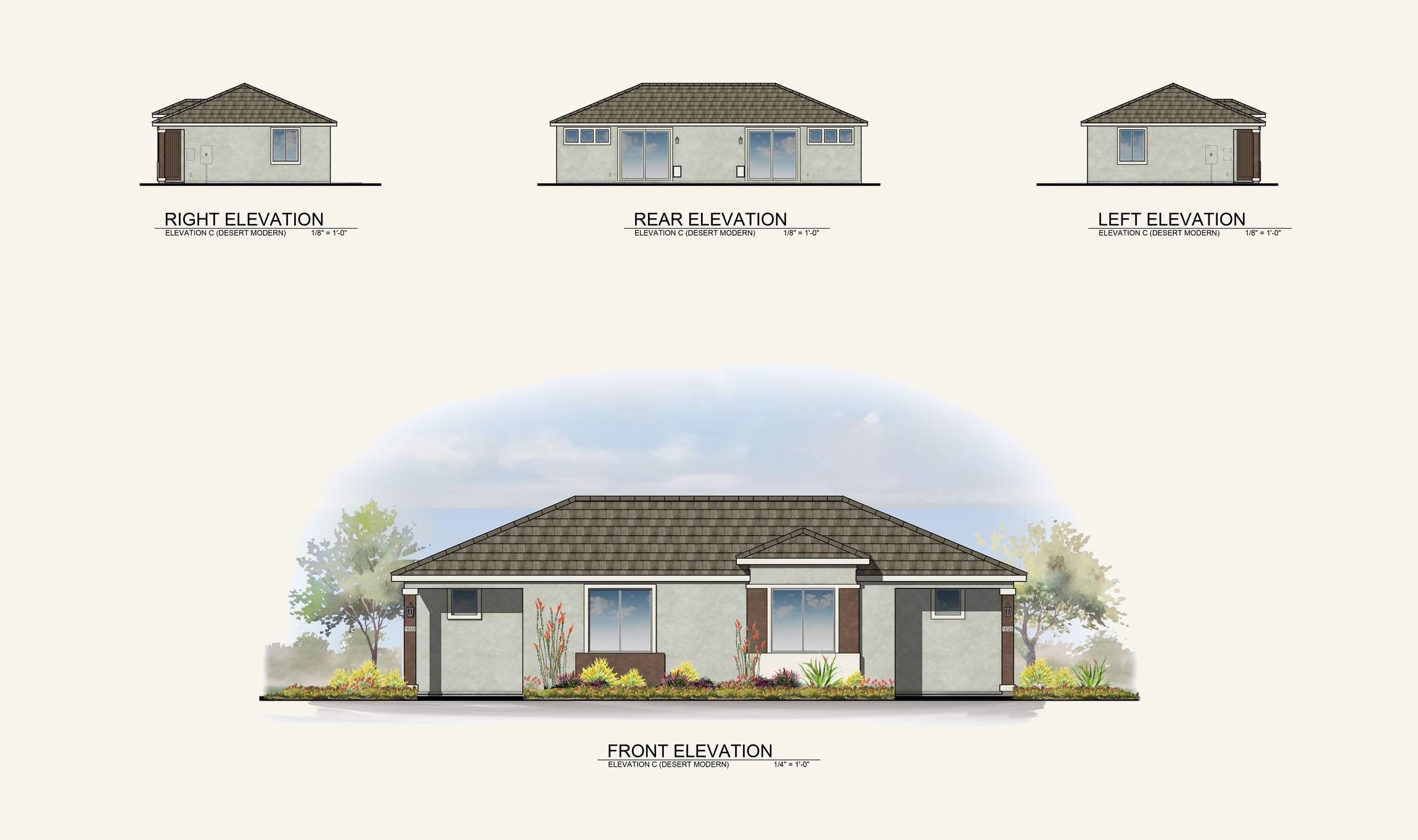 Architectural drawing showing front, rear, right, and left elevations of a single-story house with landscaping.