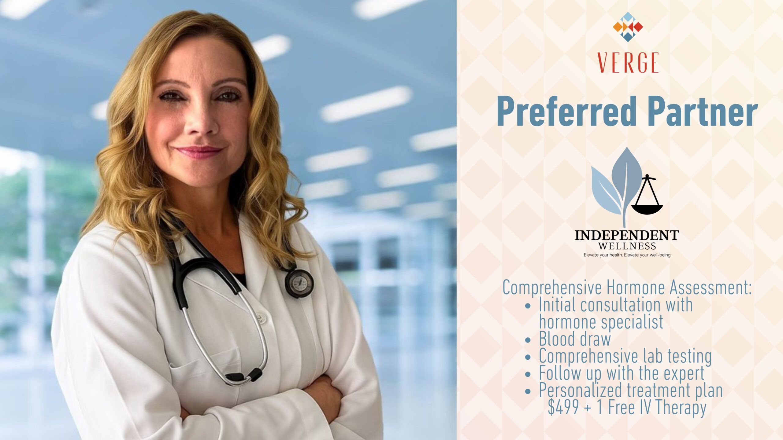 A smiling female doctor stands in a clinic; wellness service details are listed beside her on a patterned background.