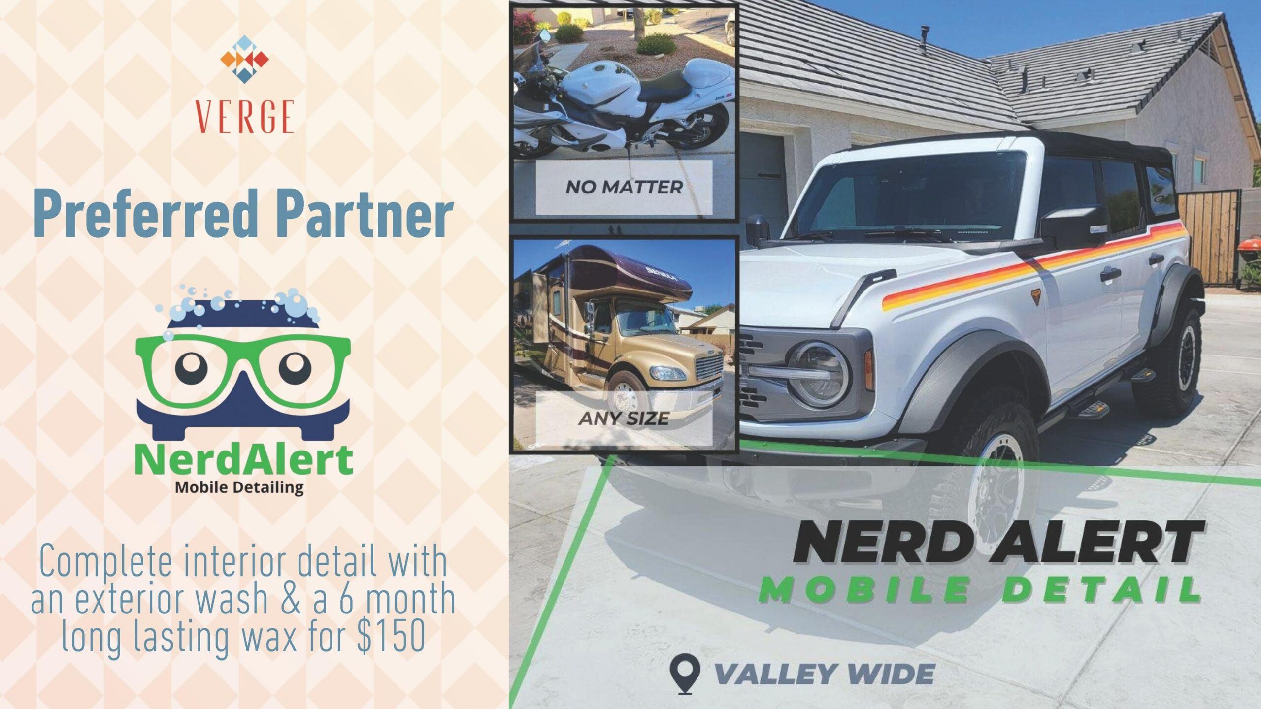 Ad for Nerd Alert Mobile Detail showing a white SUV, RV, and motorcycle; offers detailing services valley-wide.