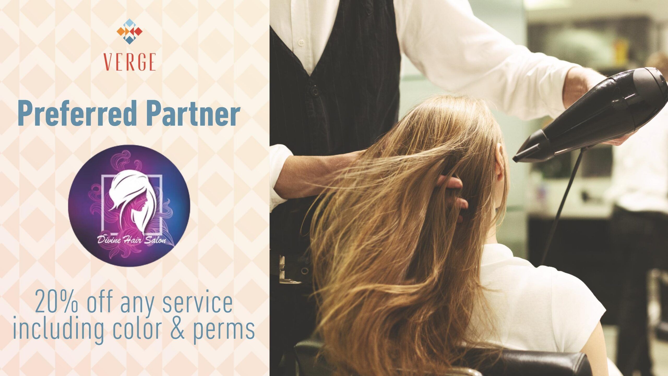 A person blow-drying a woman's hair at a salon, advertising 20% off services including color and perms.