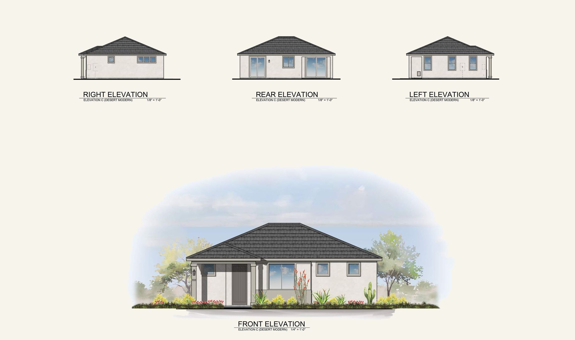 Four elevation views of a single-story house: right, rear, left, and a landscaped front perspective.