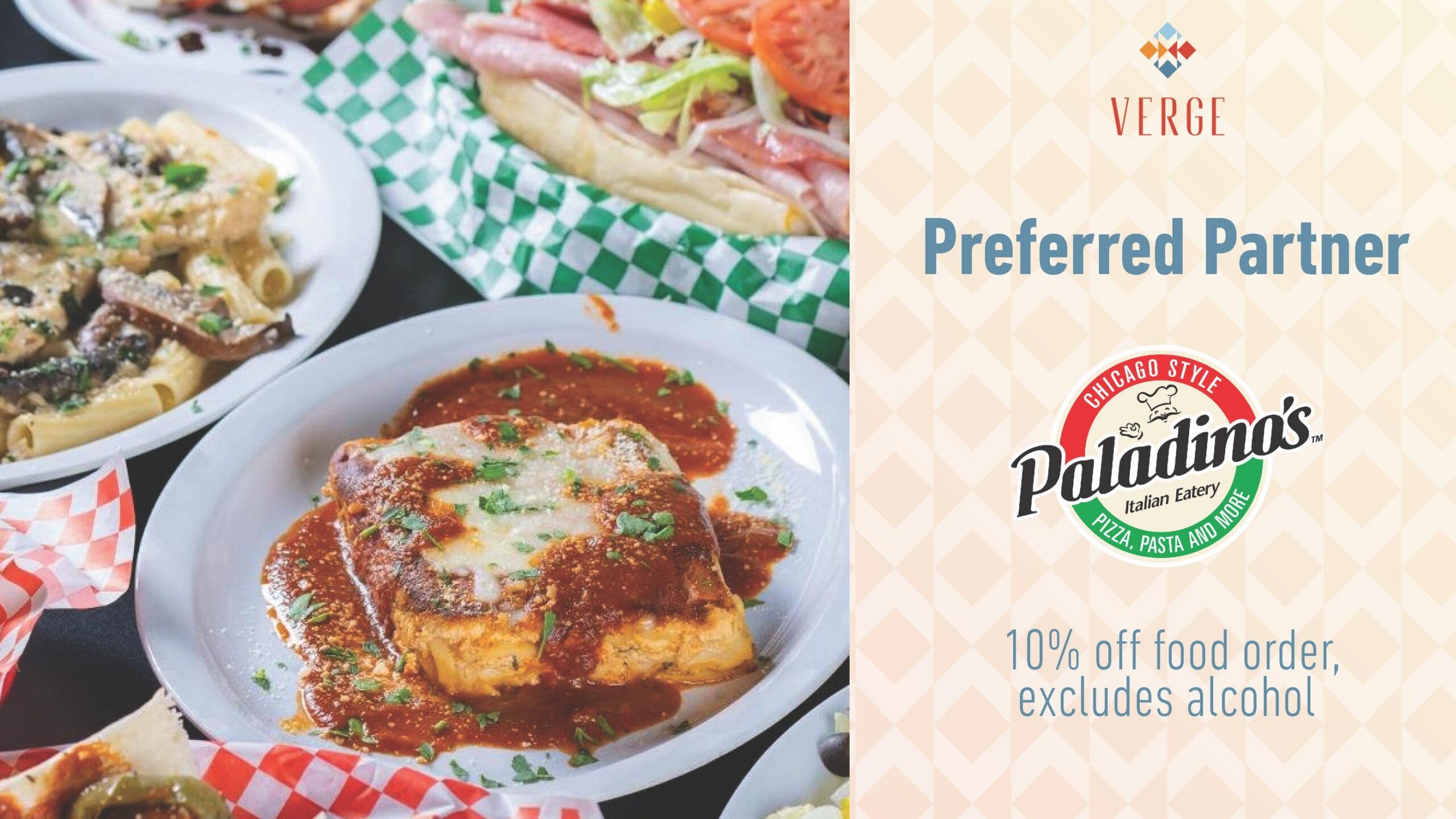 Plates of Italian food on a table; Paladino's logo with 10% off food order, excludes alcohol.