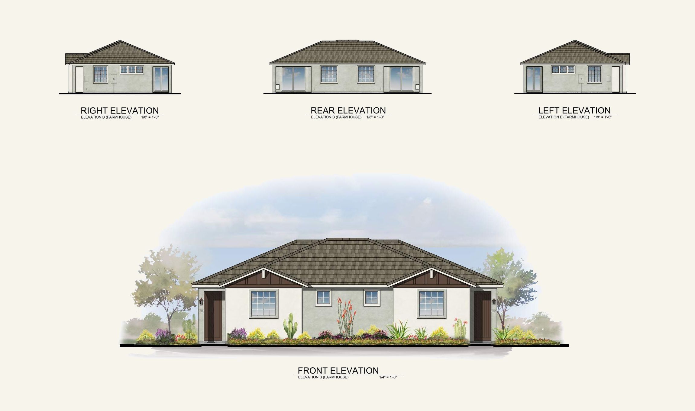 Architectural drawing showing right, rear, left, and front elevations of a single-story house with landscaping.