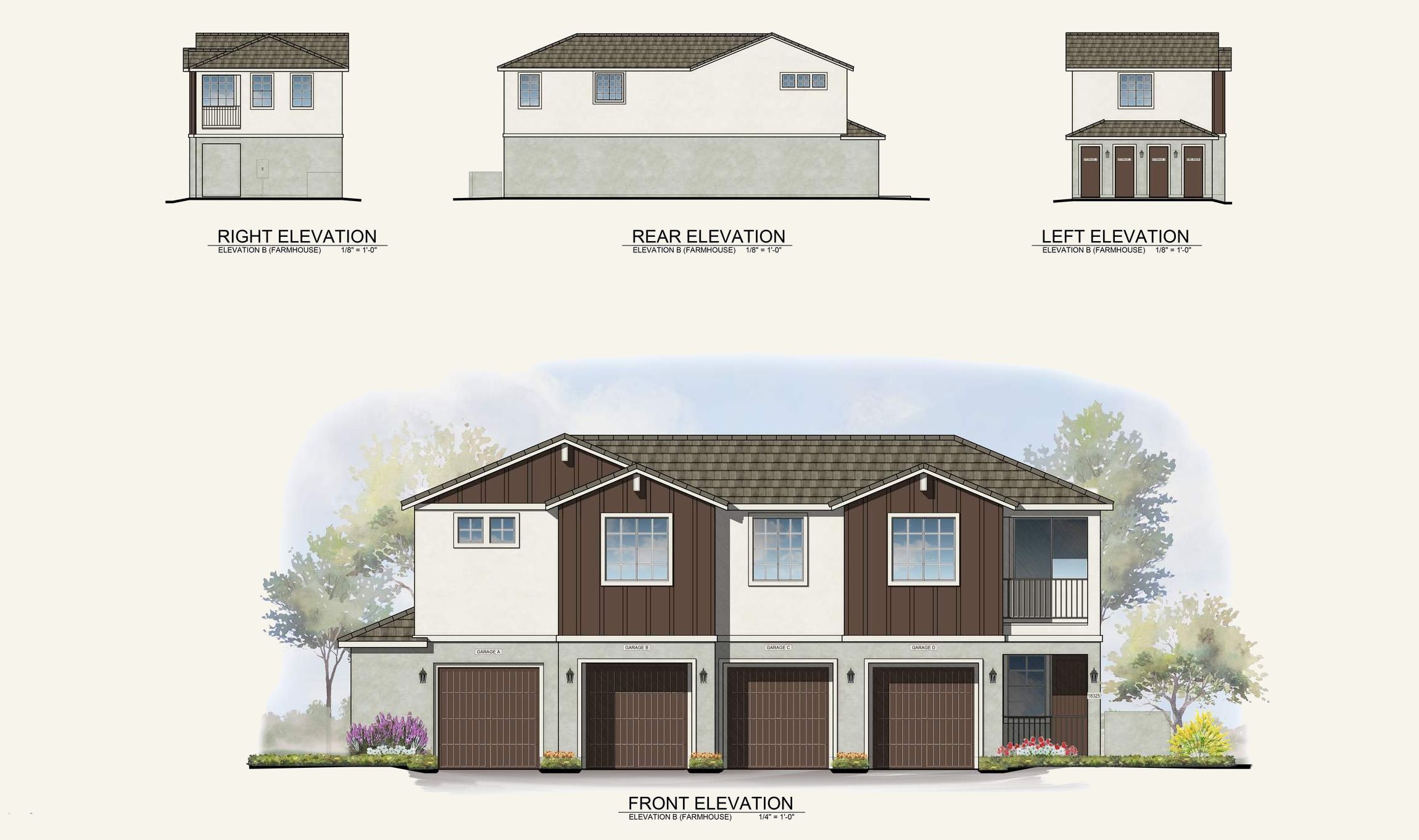 Architectural rendering of a two-story, four-unit townhouse with garages and landscaping.