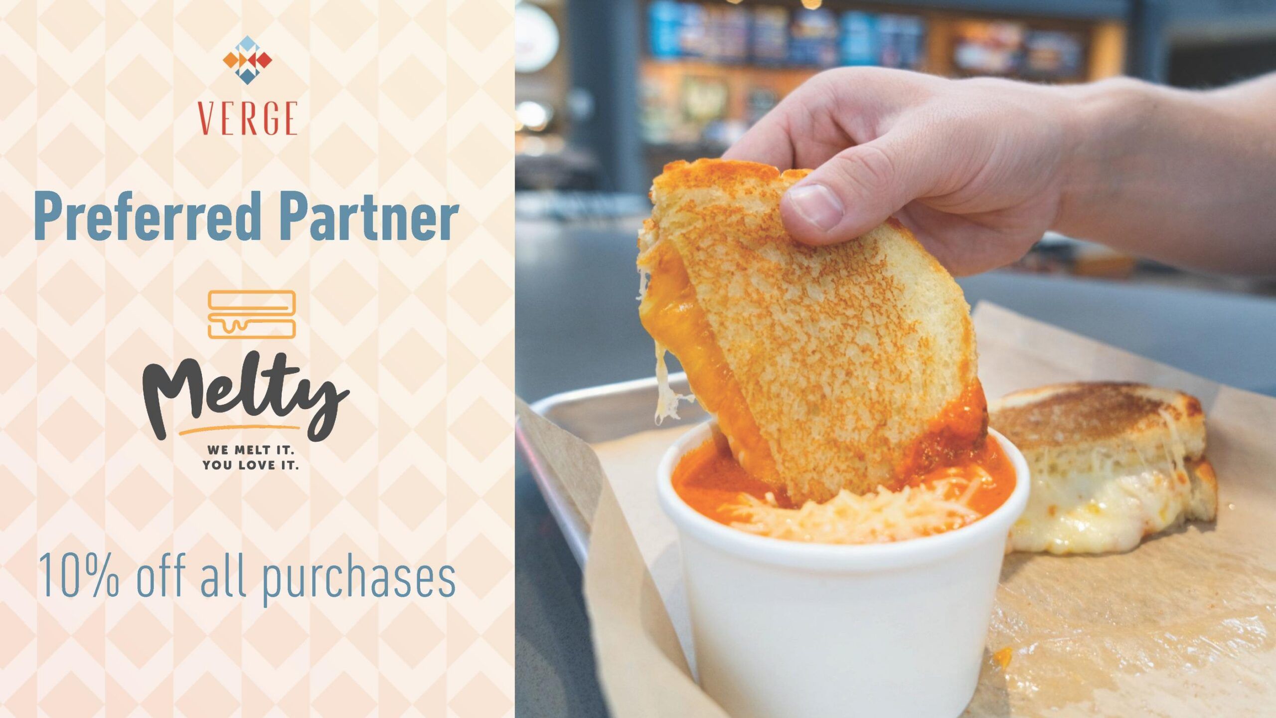 Hand dips a grilled cheese sandwich into tomato soup; Melty ad offers 10% off all purchases for Verge partners.