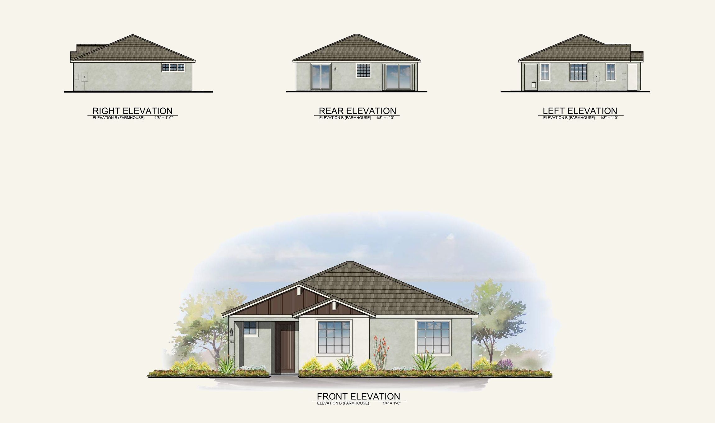 Front, rear, right, and left exterior elevation views of a single-story house with landscaping.