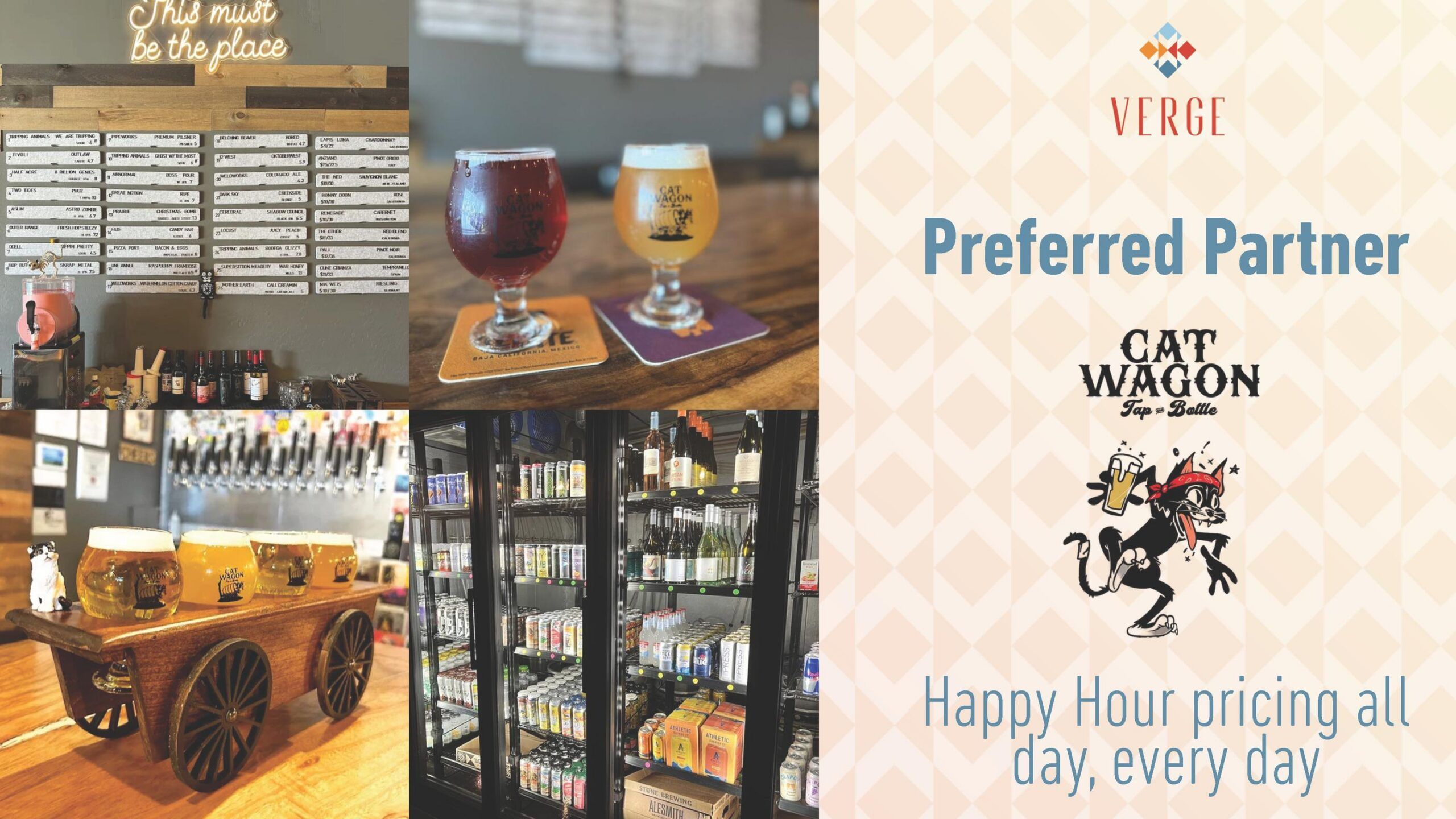 Collage of a bar, drinks, and beer fridge, with text: "Preferred Partner, Cat Wagon, Happy Hour pricing all day.