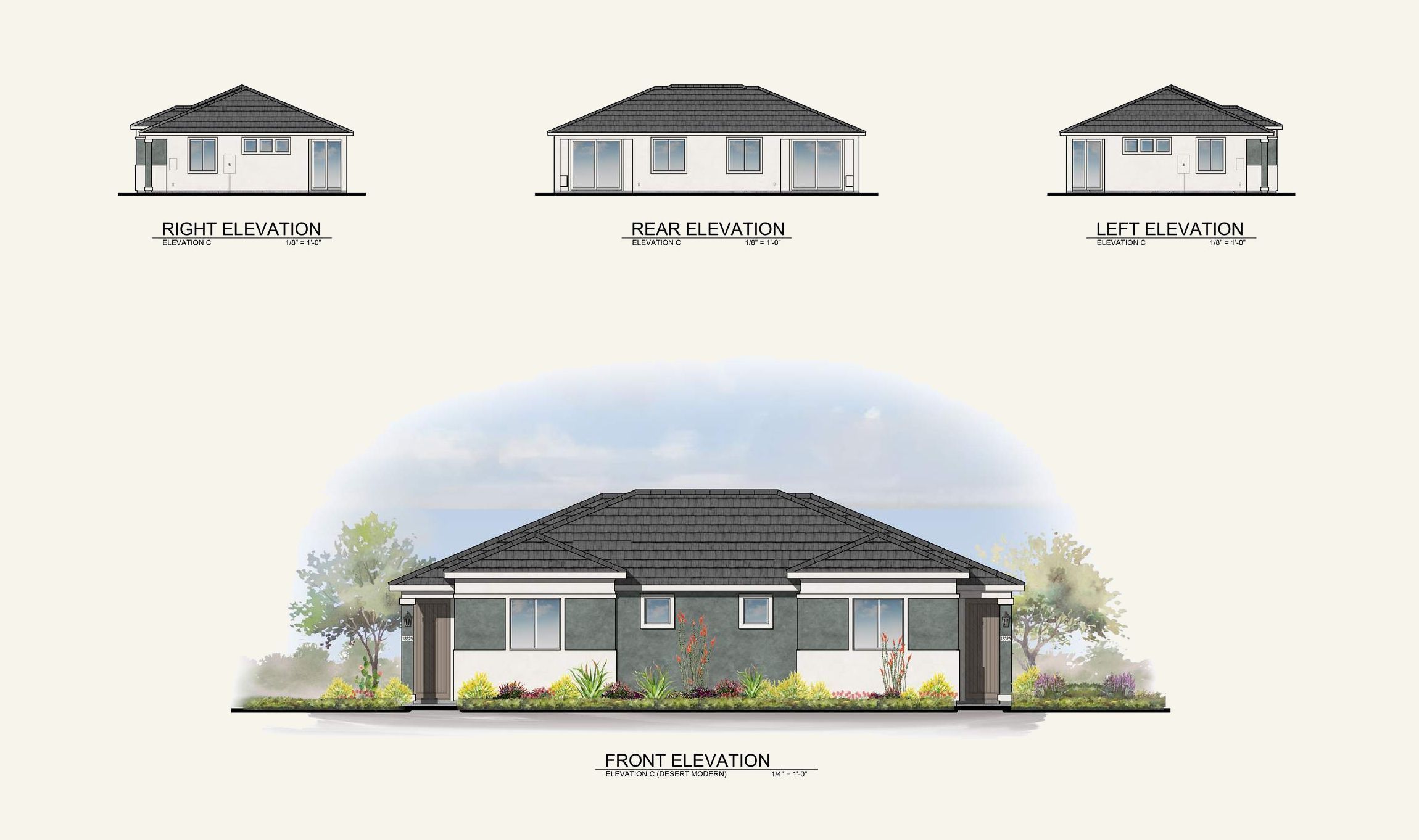 Architectural drawings of a single-story house, showing front, rear, left, and right elevations.