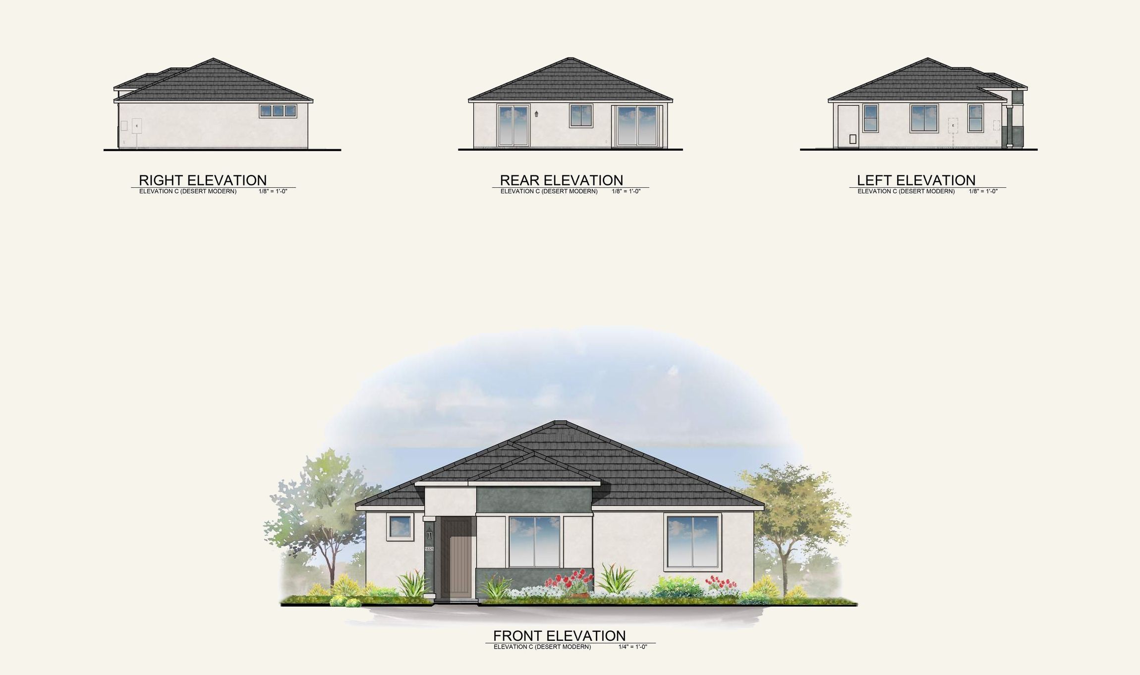 Four house elevations: right, rear, left (blueprints), and a colored front view with landscaping and trees.