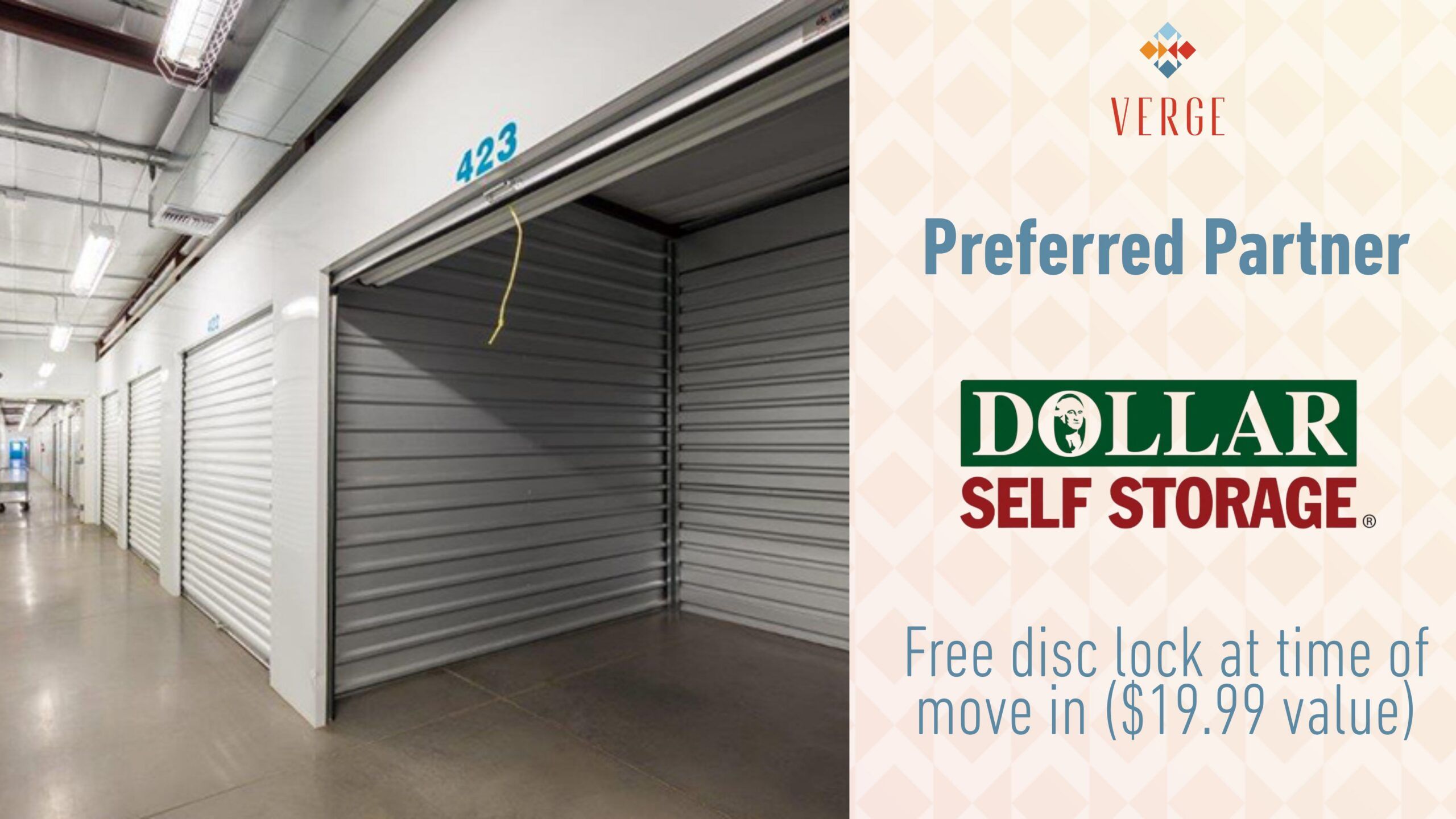 Rows of storage units with open metal doors and an ad for Dollar Self Storage offering a free lock at move-in.
