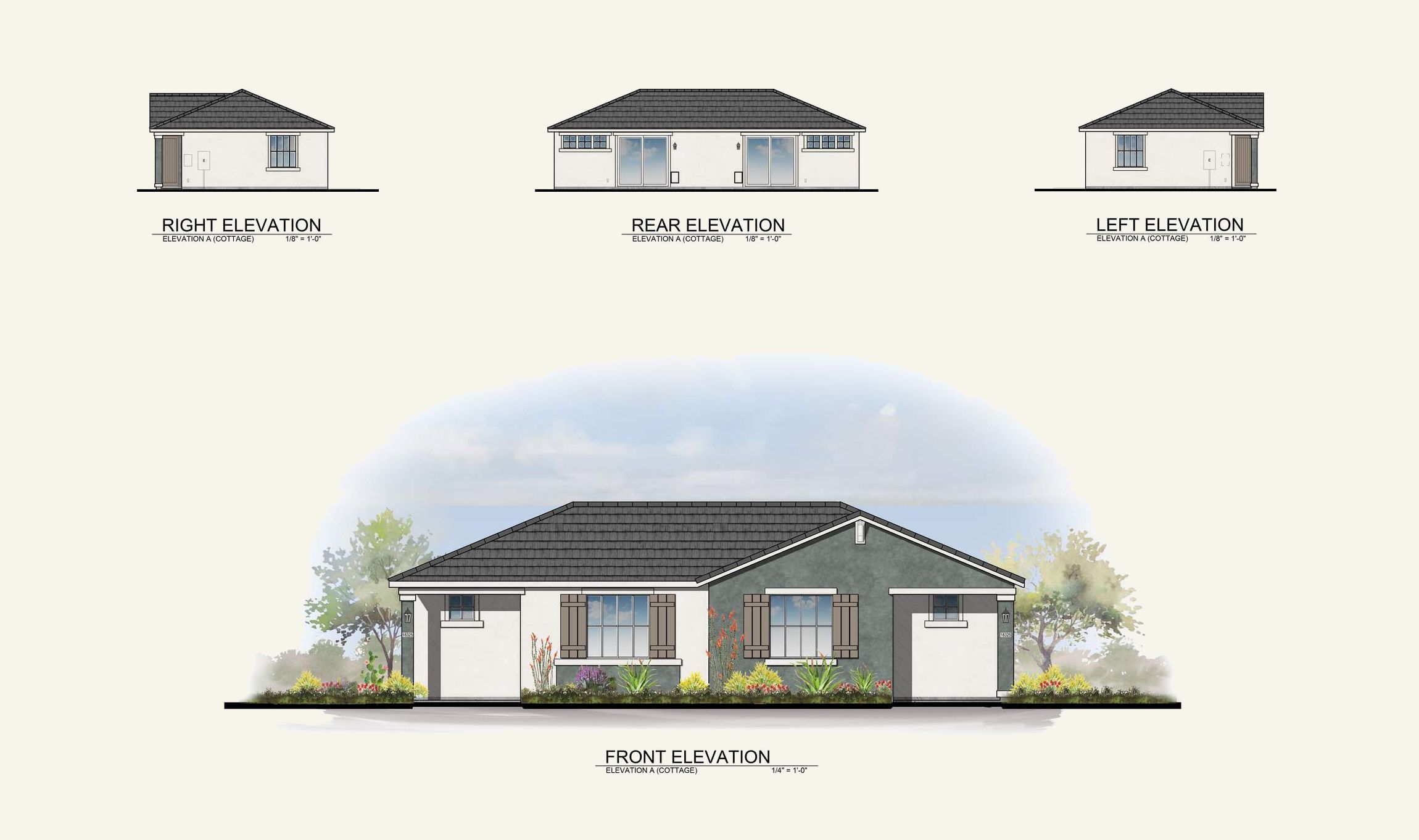 Architectural drawing showing front, rear, left, and right elevations of a single-story house with landscaping.