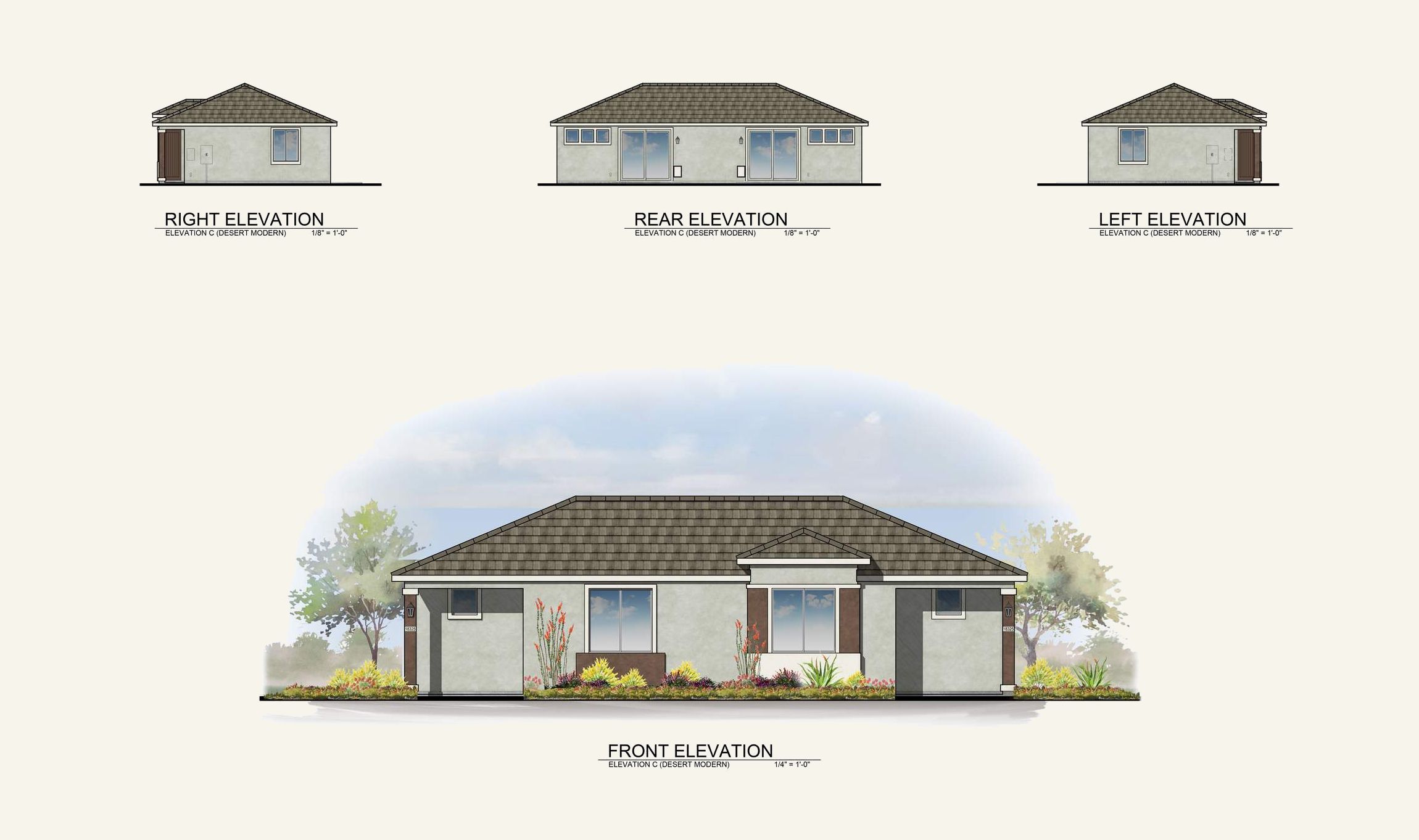 Architectural drawing showing front, rear, right, and left elevations of a single-story house with landscaping.