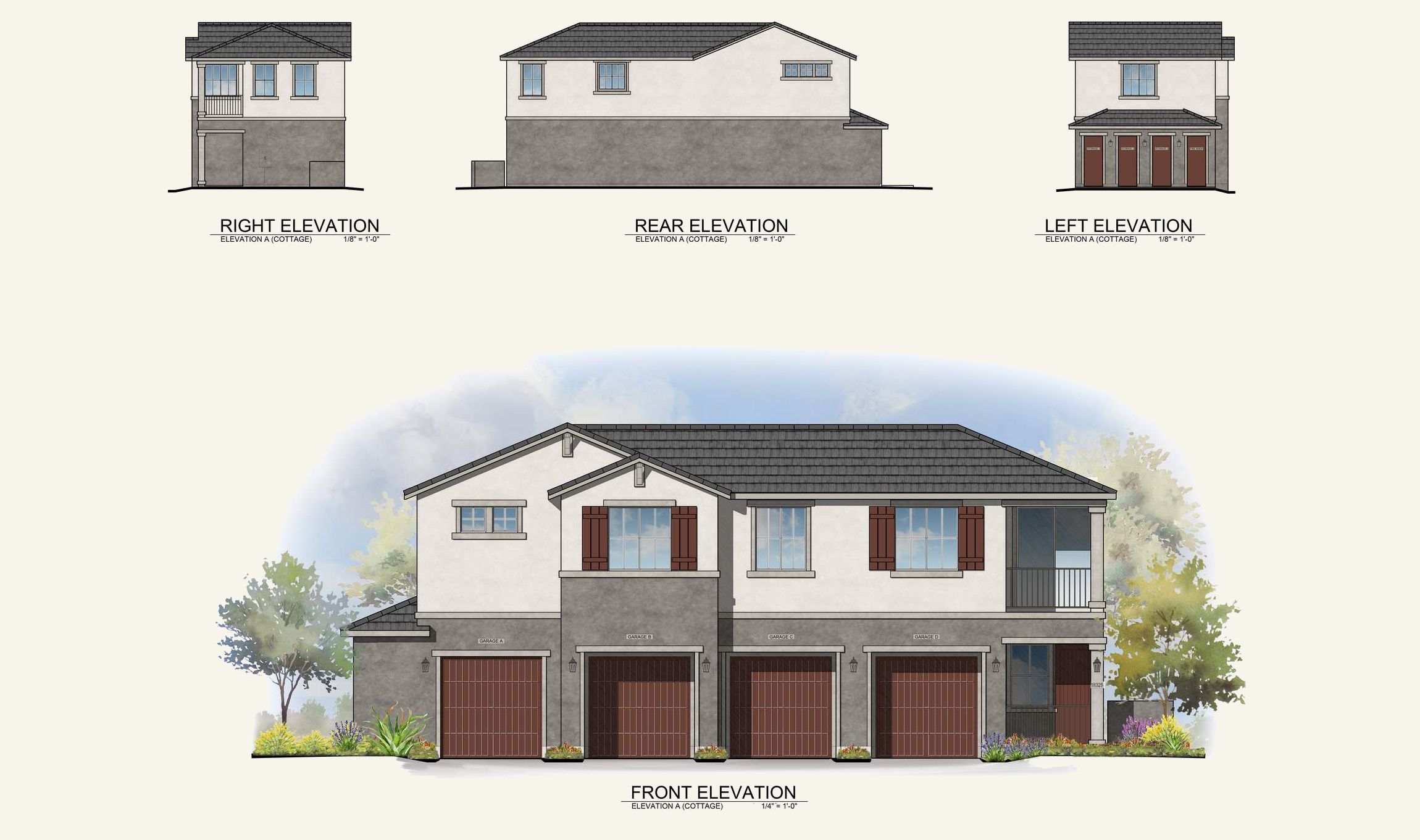 Architectural renderings of a two-story house from four angles with garages and landscaped front yard.