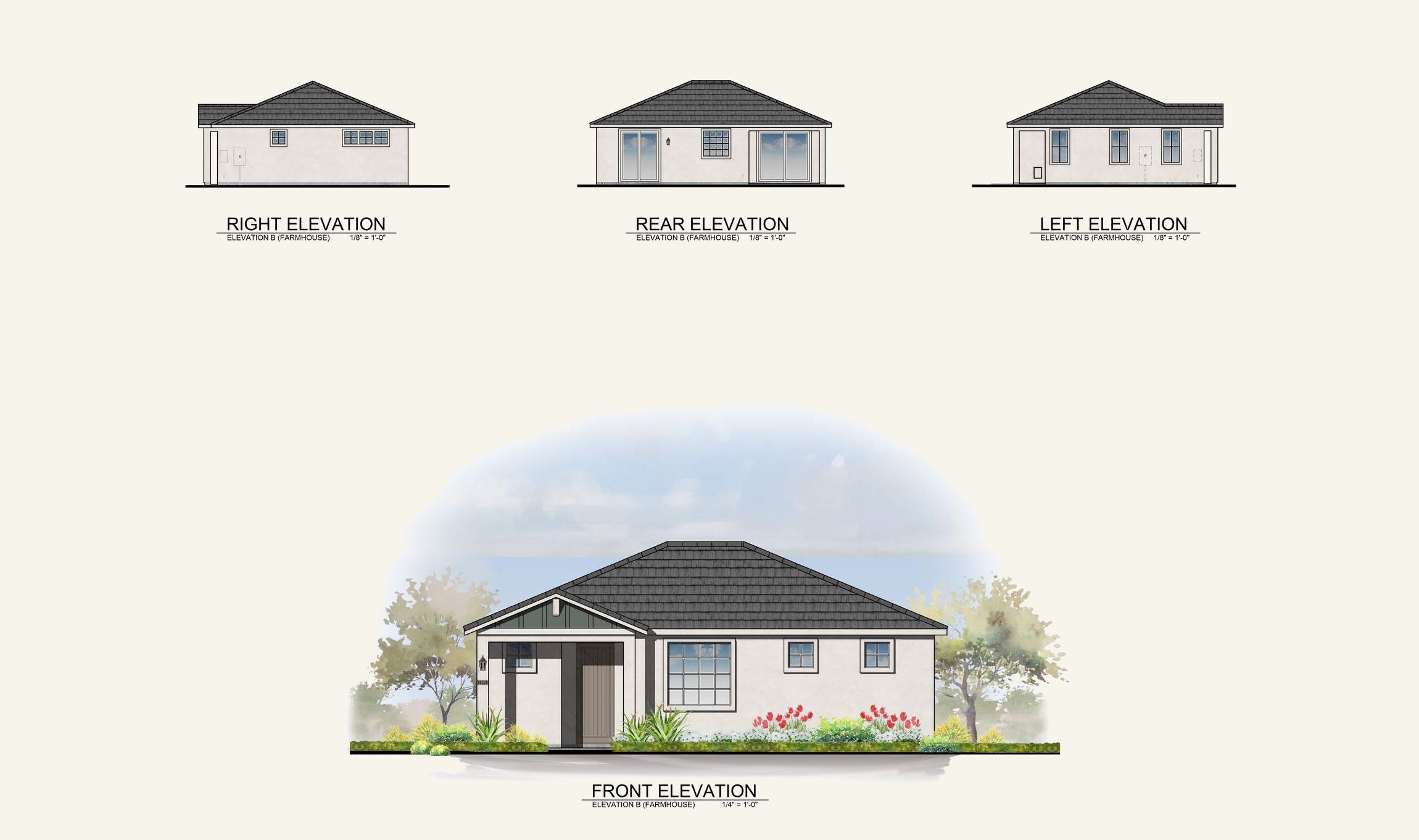 Architectural elevations of a small house, showing right, rear, left, and landscaped front views.