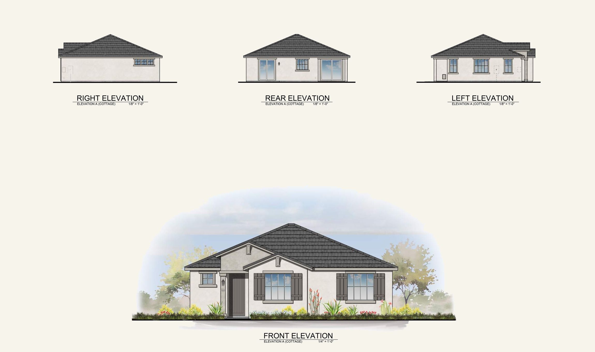 Architectural drawings of a single-story house from four angles: front, rear, left, and right elevation views.