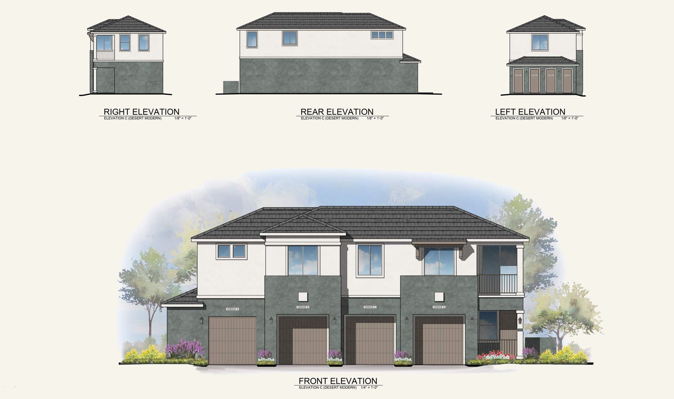 Architectural drawing showing front, rear, right, and left elevations of a two-story modern house with garages.