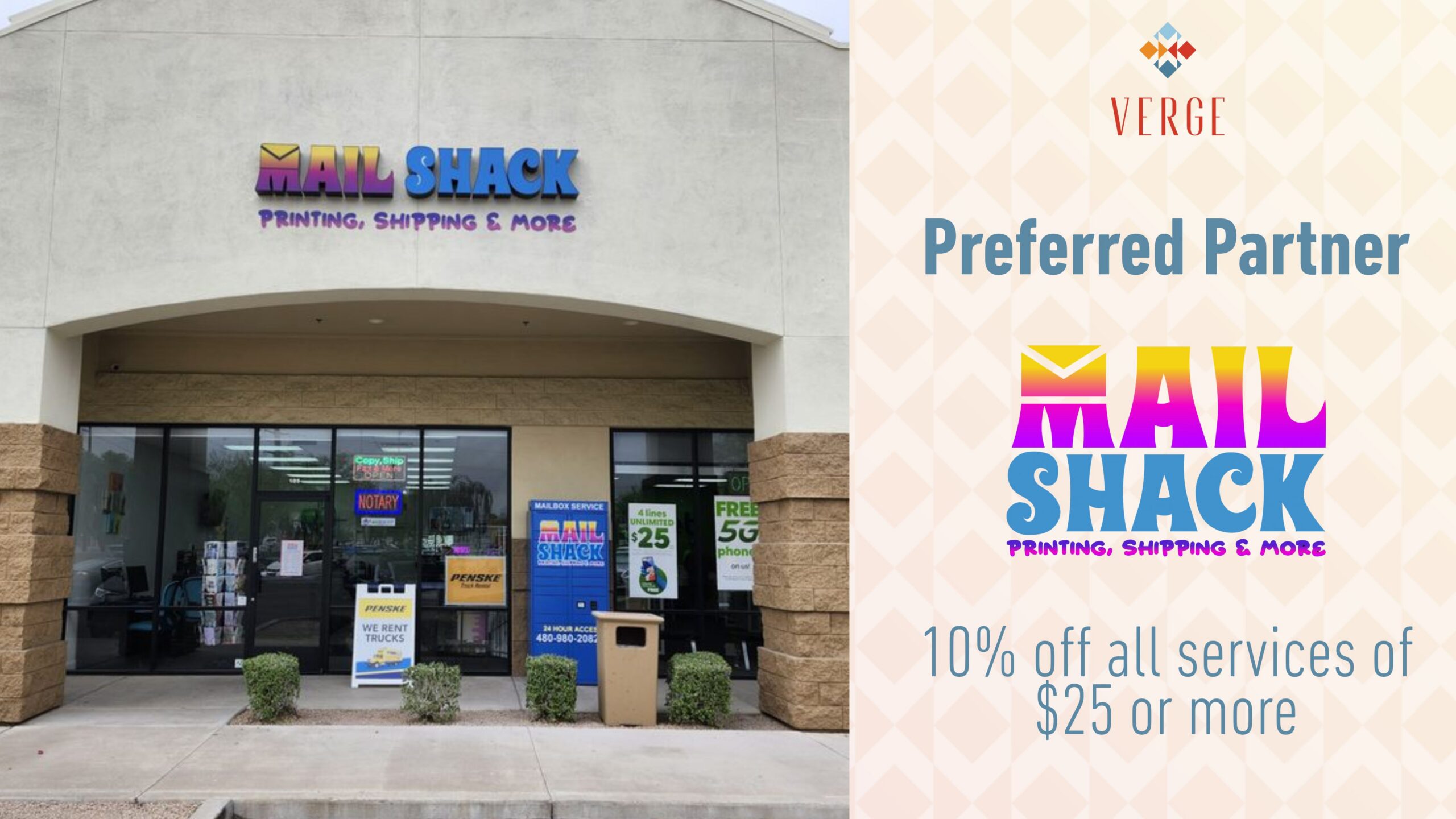 Storefront of Mail Shack with sign offering 10% off services of $25 or more for Verge Preferred Partners.