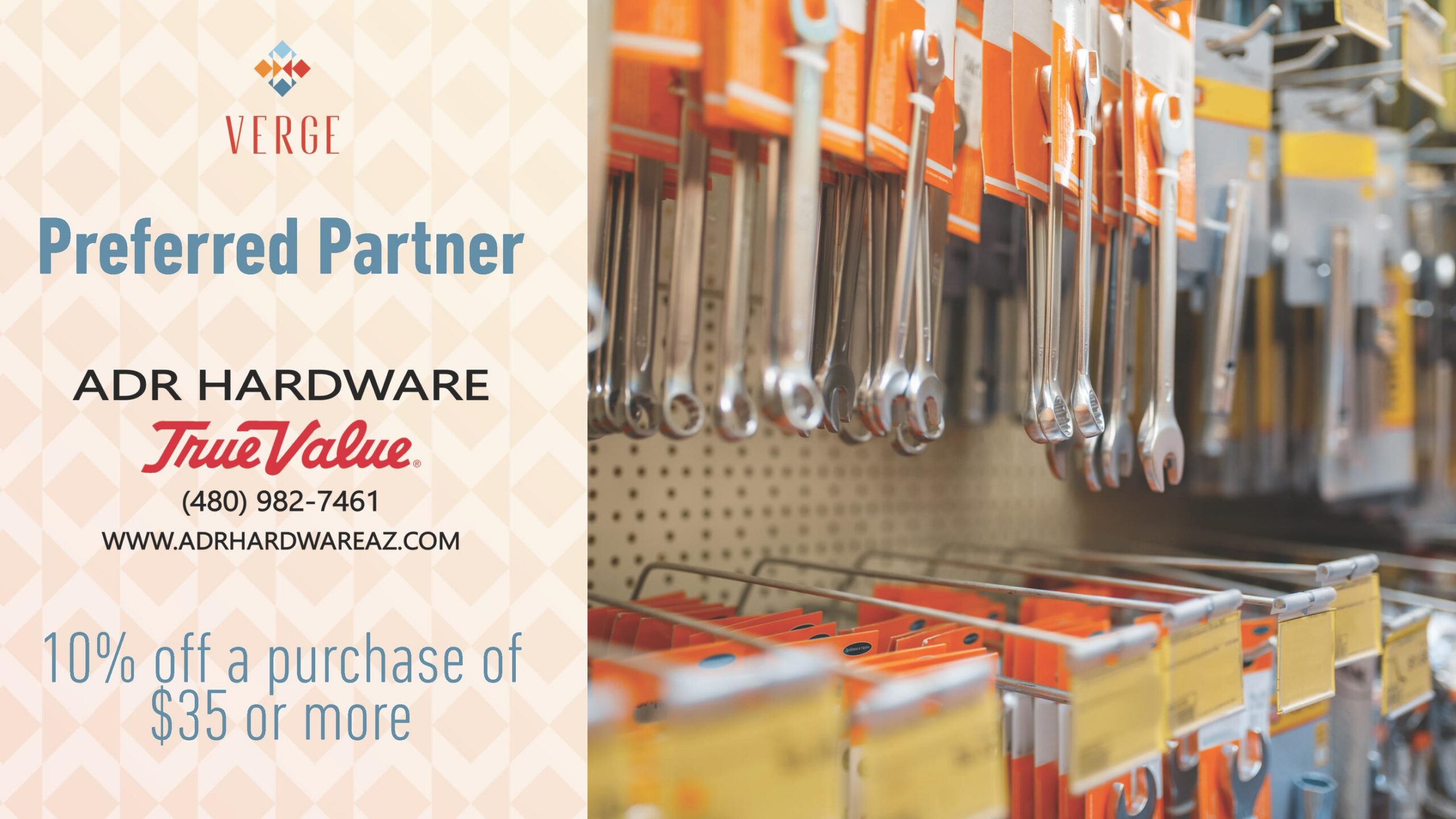 Coupon for 10% off $35+ at ADR Hardware True Value, with wrenches and tools on display in a store aisle.