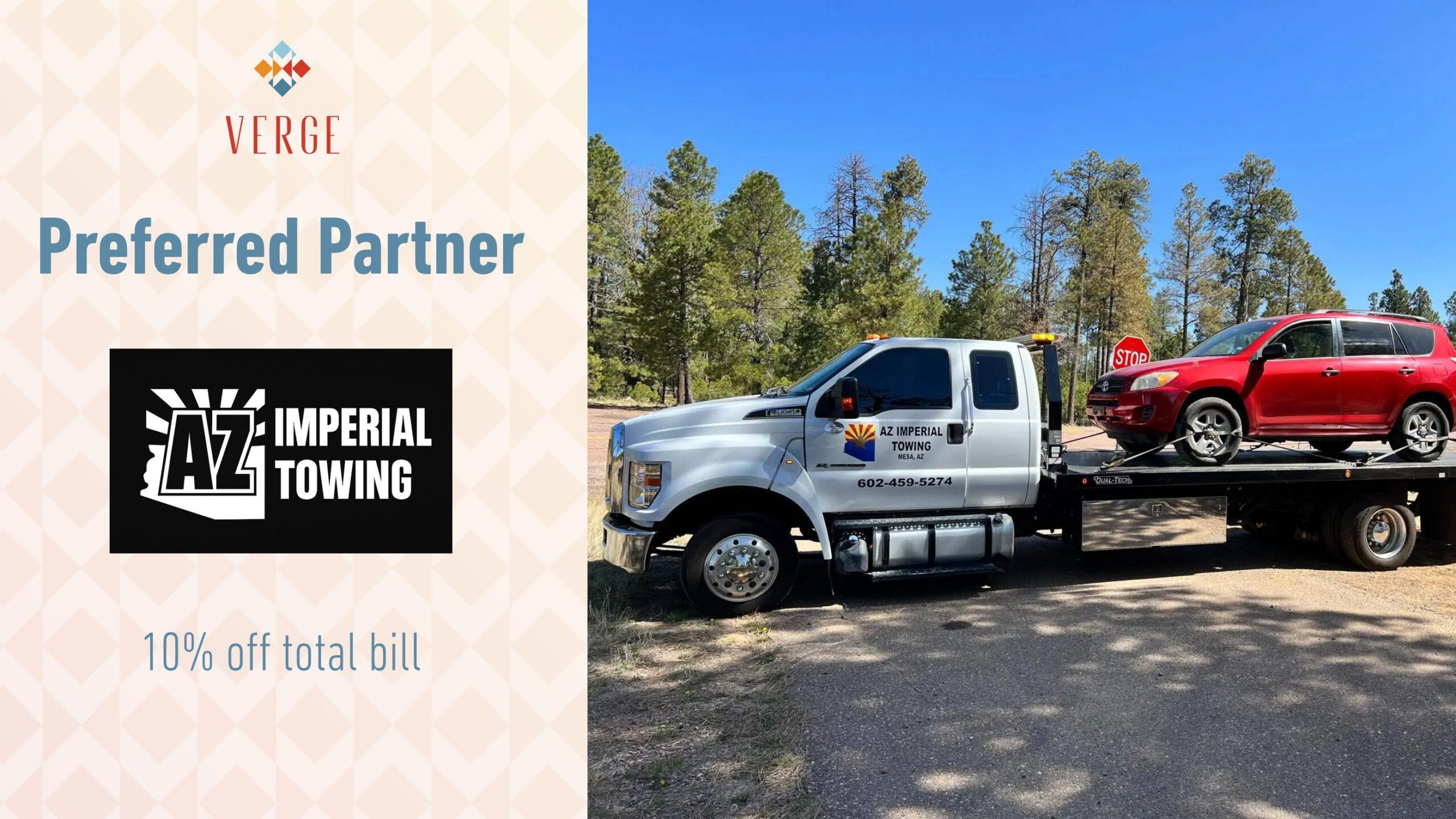 Tow truck with a red SUV on its bed; ad text promotes 10% off with AZ Imperial Towing, Verge preferred partner.
