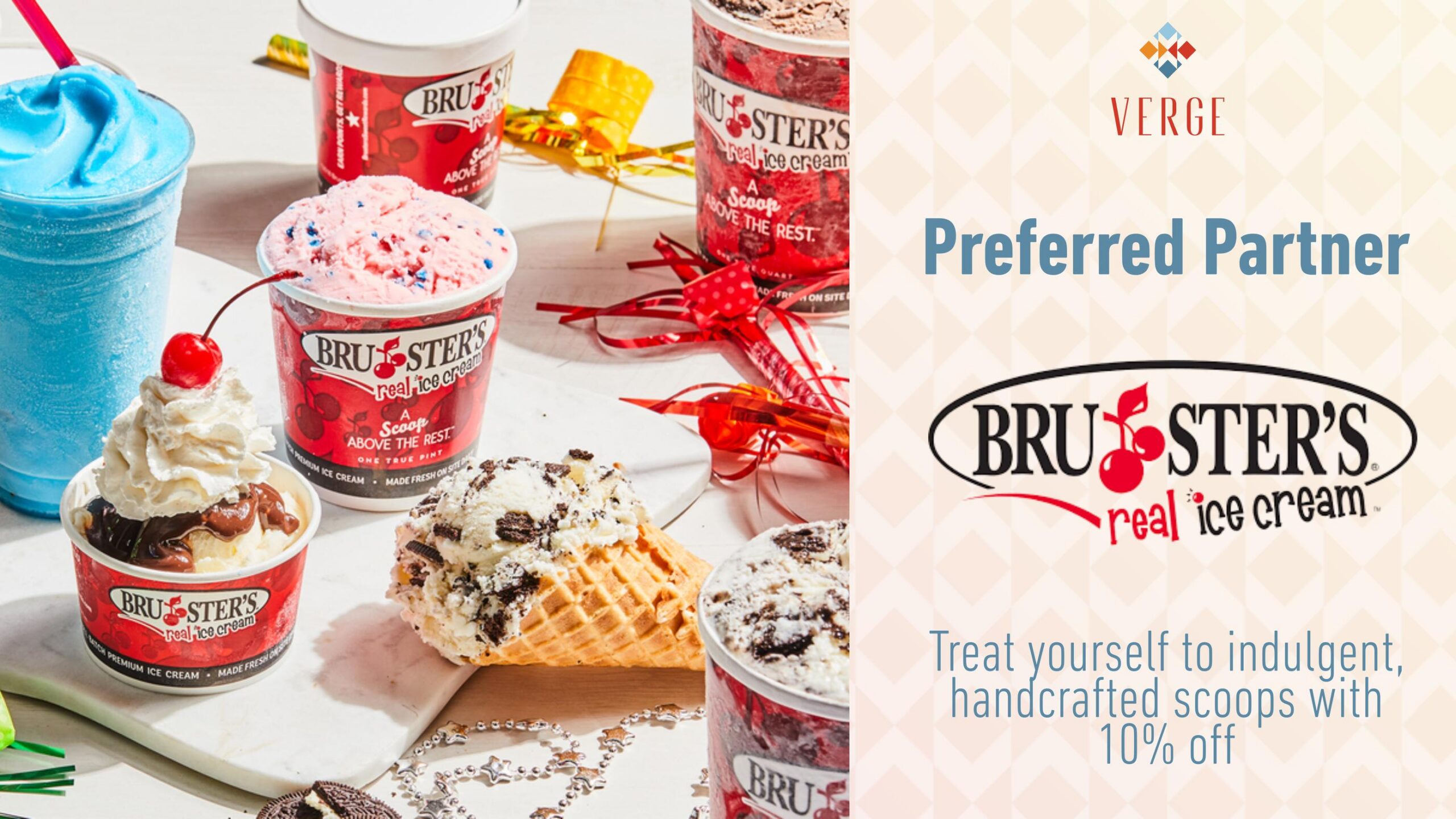 Assorted Bruster’s ice cream treats displayed with text offering 10% off for Verge preferred partners.