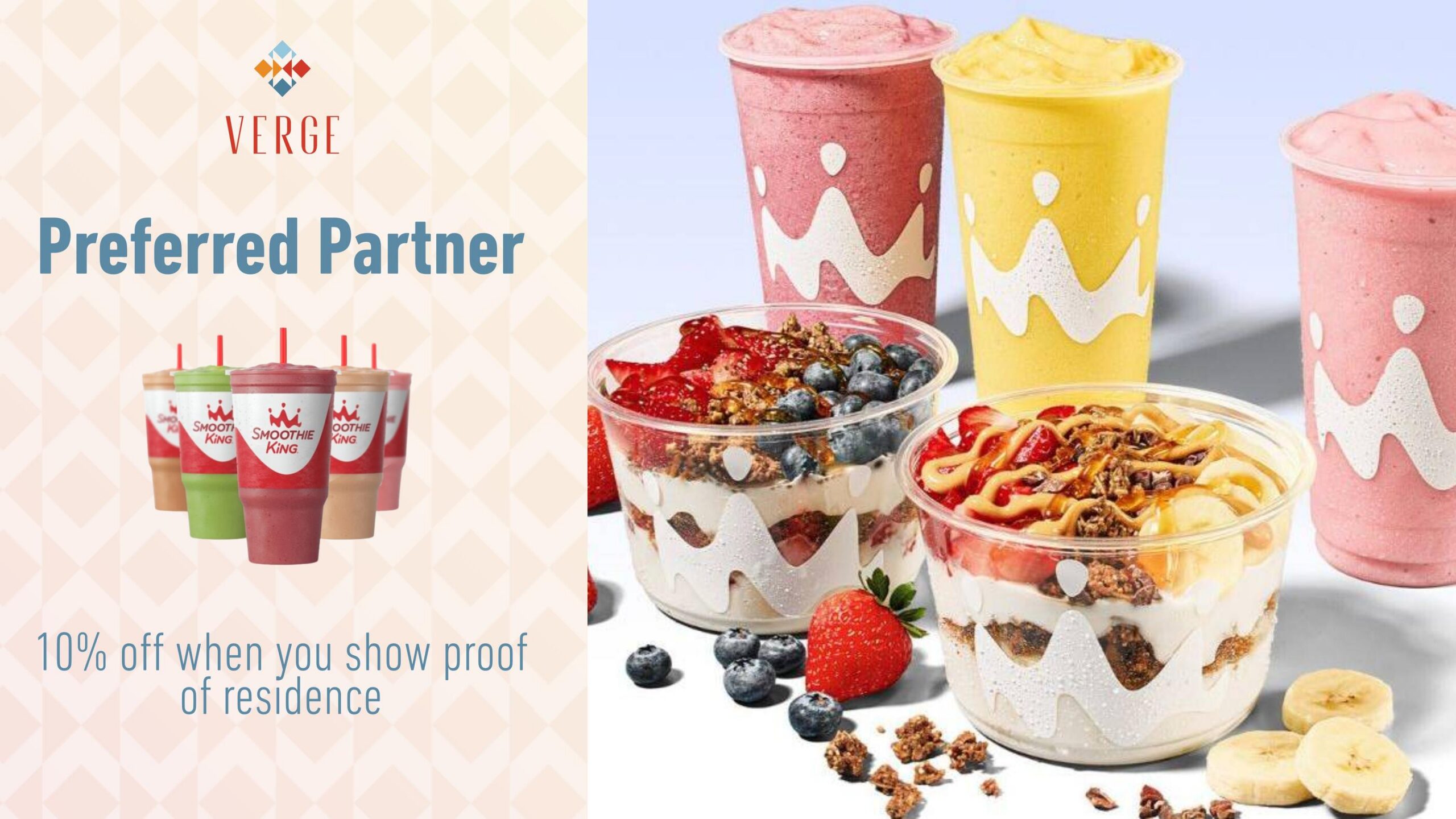 Four smoothie cups and two fruit and granola bowls with berries, with a 10% off offer for VERGE members.